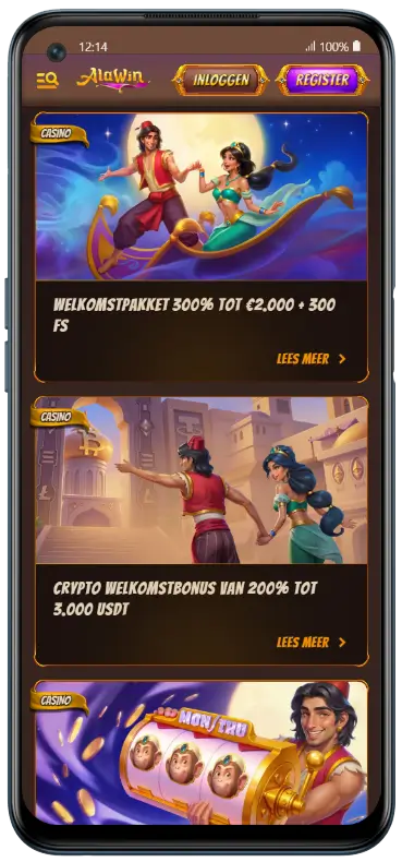 Actuele bonussen en promoties Alawin bonusaanbiedingen mobiel scherm